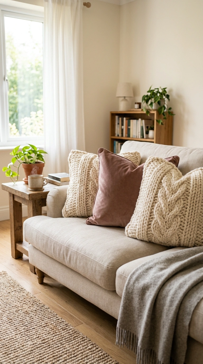 25 Seasonal Decor Ideas to Keep Your Home Feeling Fresh All Year 19 018 Cozy Knit Pillow Covers A sofa styled with chunky