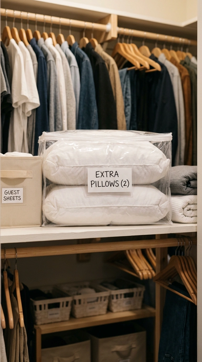 018 Extra Pillow Stack A bedroom closet shelf with two