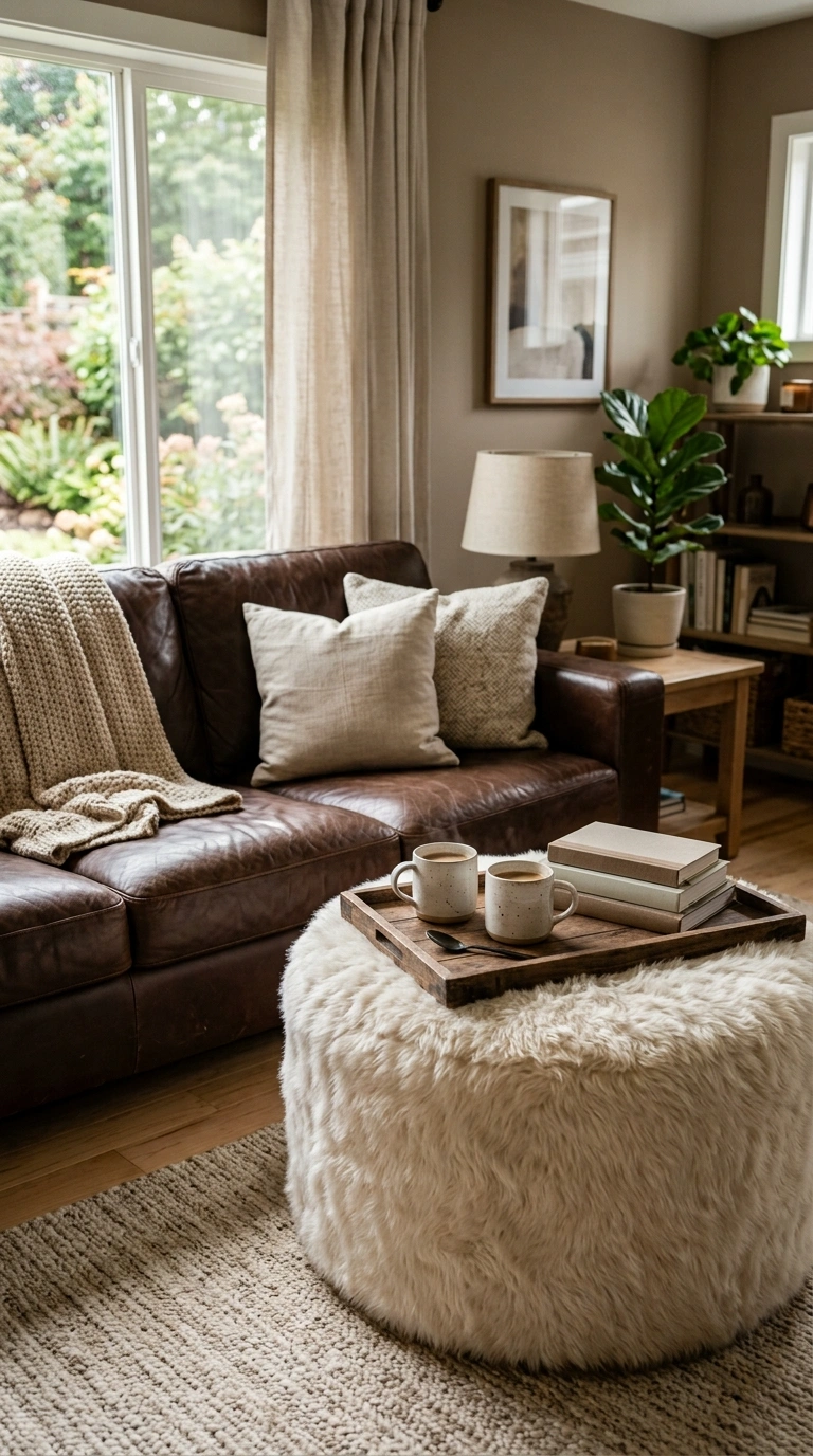 018 Faux Fur Ottoman A living room with a chocolate br