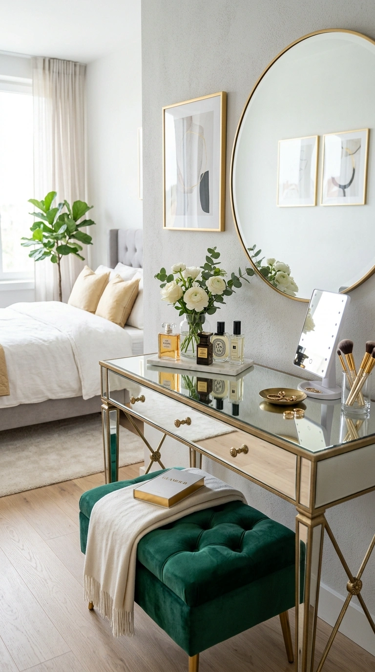 21 Bedroom Ideas for Women in Their 20s With Stylish Personality 19 018 Glam Vanity Table A bedroom vanity table with a mi