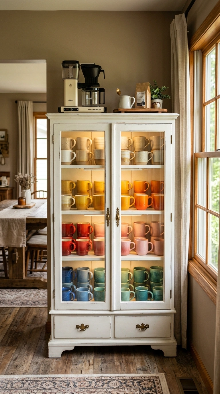 Turn a Small Corner Into a Coffee Bar With These 19 DIY Ideas 19 018 Glass Cabinet Display A vintage white cabinet with
