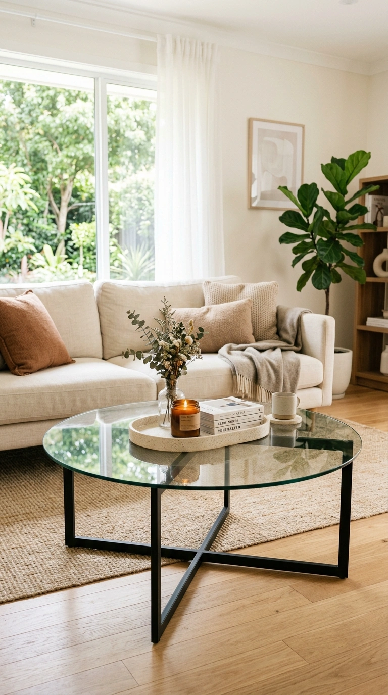 018 Glass Coffee Table A living room with a round glas