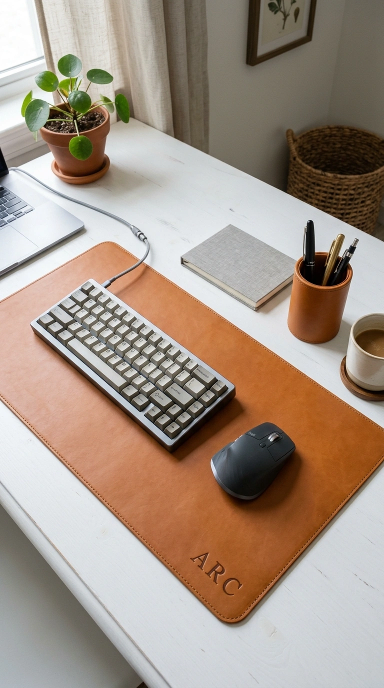 25 Office Decor Ideas for Women That Feel Stylish and Personal 19 018 Monogrammed Desk Mat A top down view of a white de
