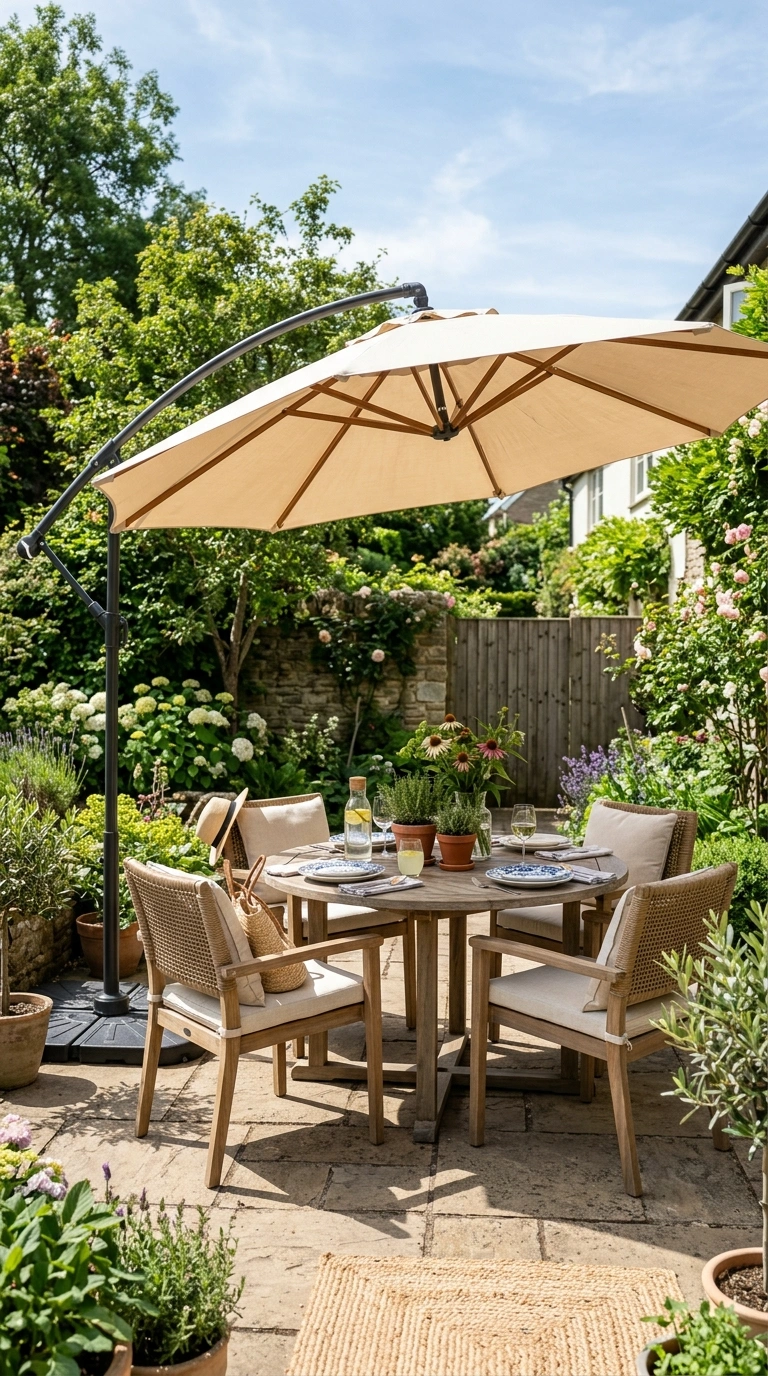 26 Outdoor Decorating Ideas for a Calm and Comfortable Backyard 19 018 Patio Umbrella Shade A backyard dining area with a