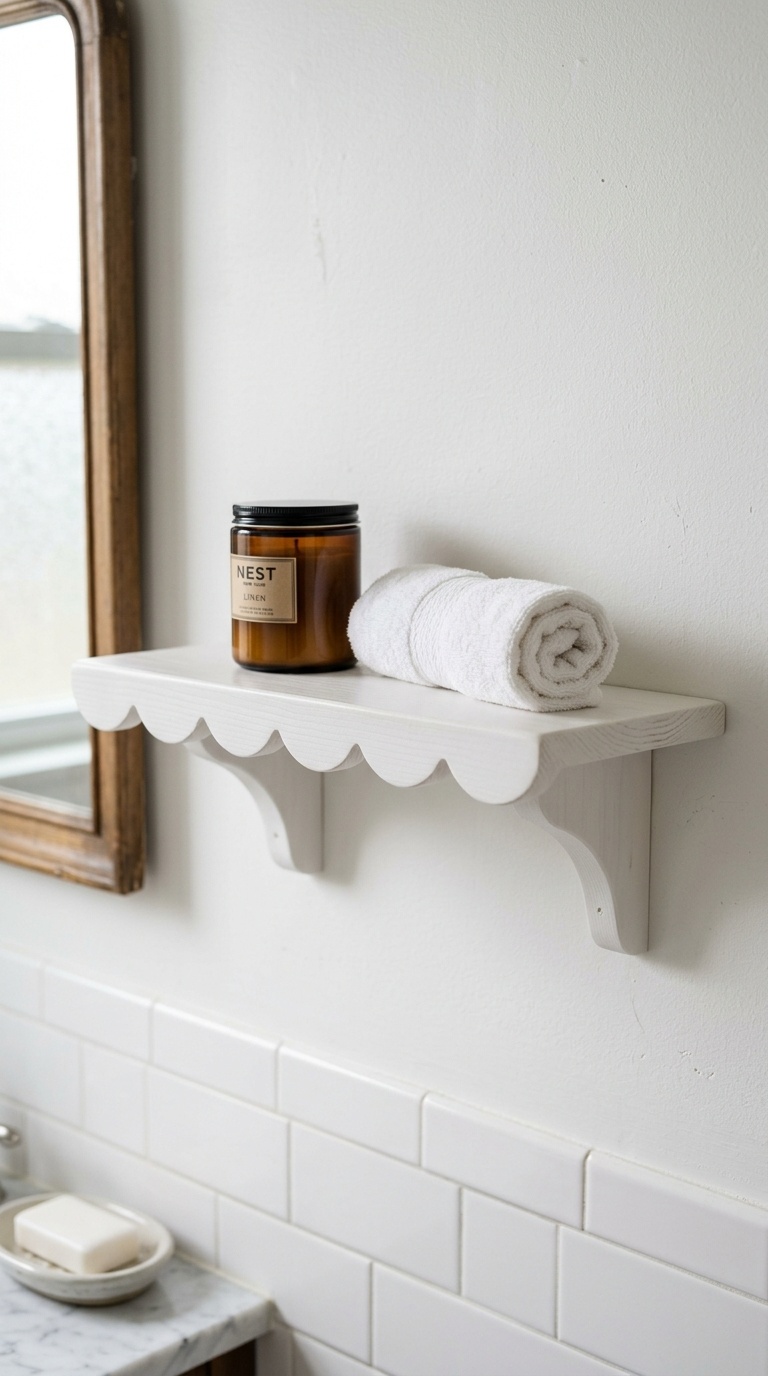 23 Small Bathroom Wall Decor Ideas That Make a Big Impact 19 018 Scalloped Wood Shelf A small white painted wood sh