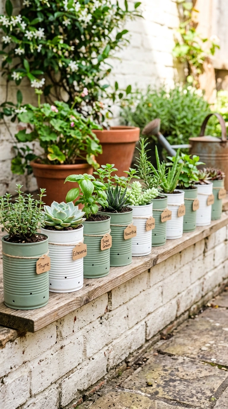 018 Tin Can Planters A narrow patio shelf lined with p