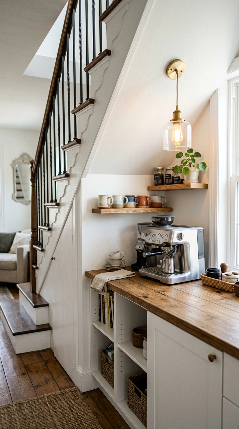 19 Coffee Station Setups That Bring Café Vibes Home 19 018 Under Stairs Nook A narrow coffee counter built in
