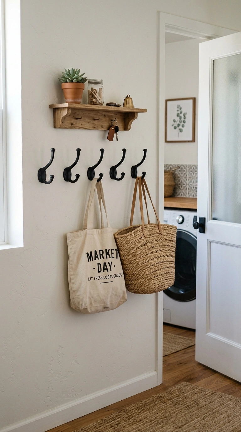 27 Laundry Room Ideas From Tiny Spaces to Spacious Setups 19 018 Wall Hooks Station A row of five black wall hooks