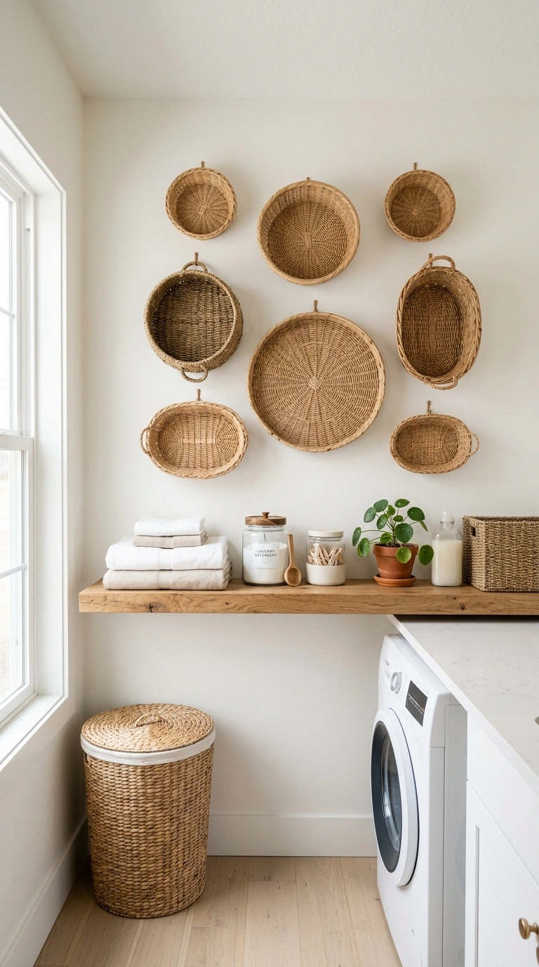 018 Woven Basket Wall A laundry room wall with a clust