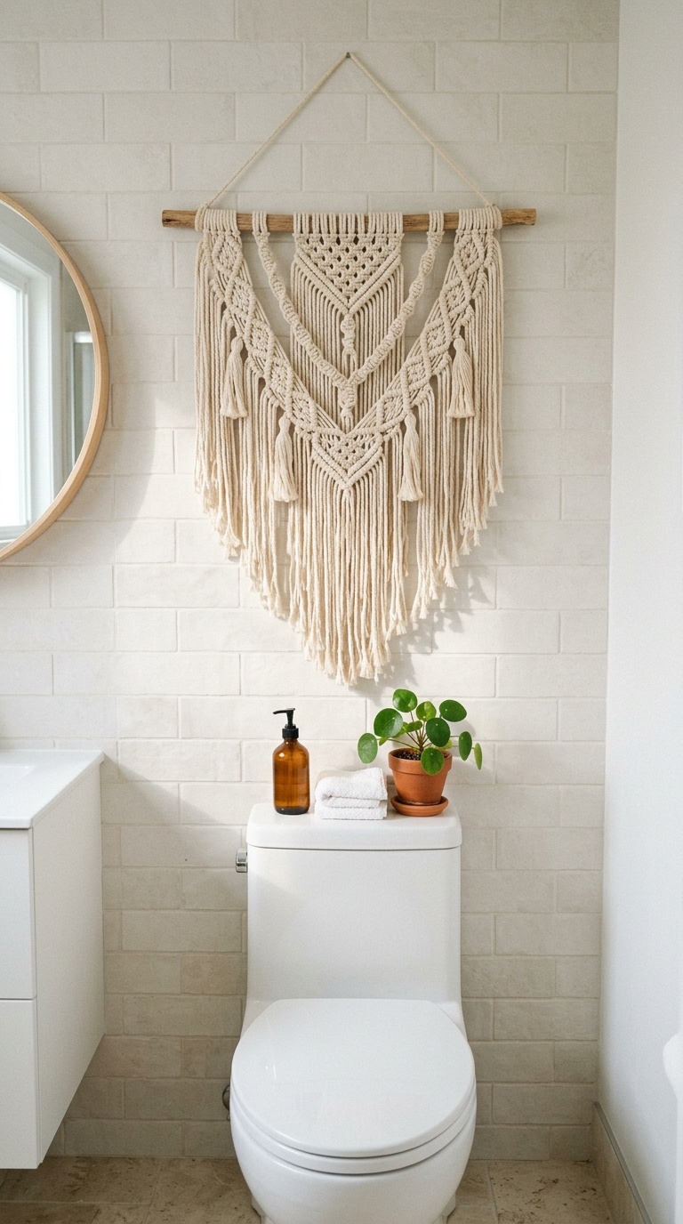 25 Bathroom Decor Ideas to Transform Your Space on a Budget 19 018 Woven Wall Hanging A cream macrame wall hanging mo