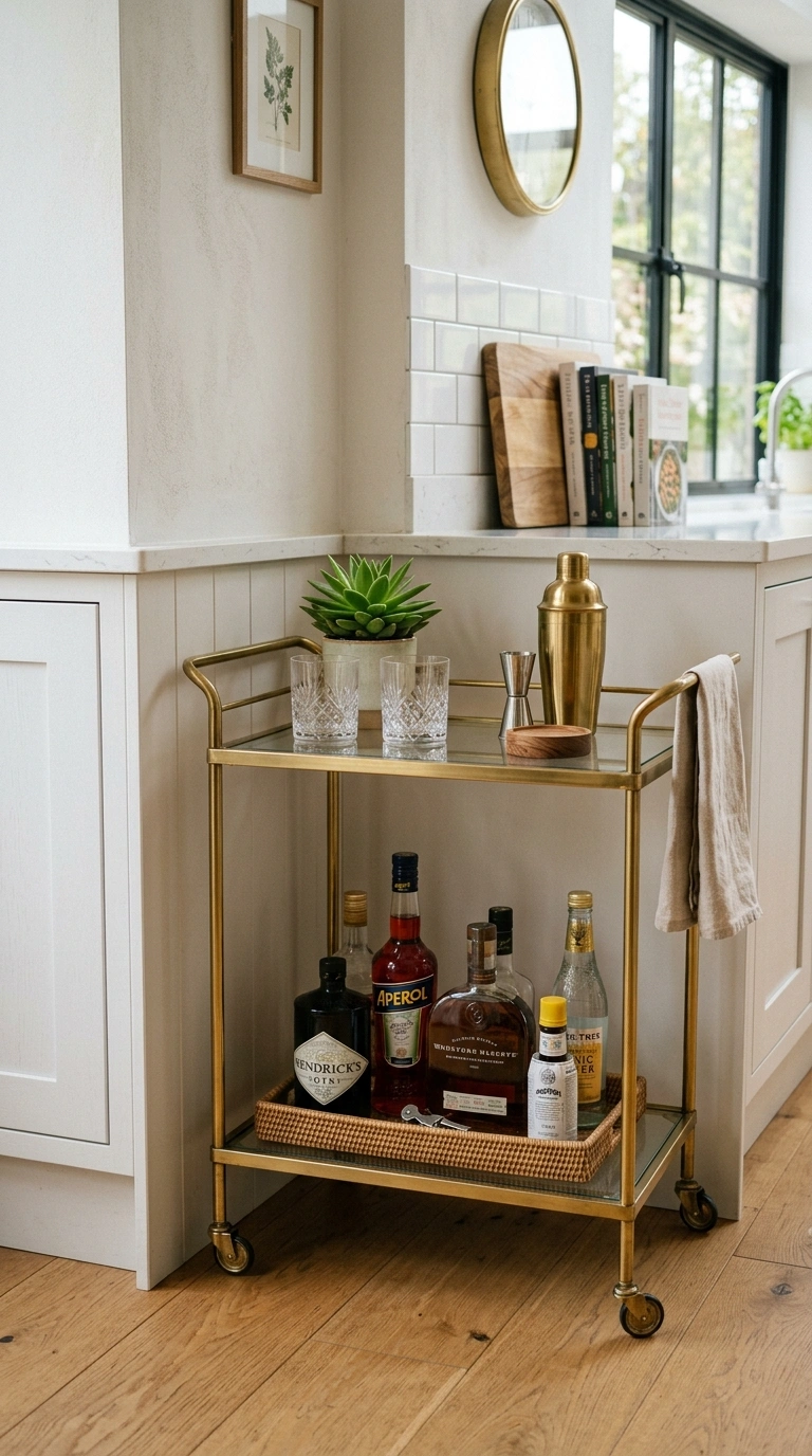24 Simple Kitchen Makeover Ideas for DIY and Budget-Friendly Updates 20 019 Add A Bar Cart A small brass framed bar cart in a