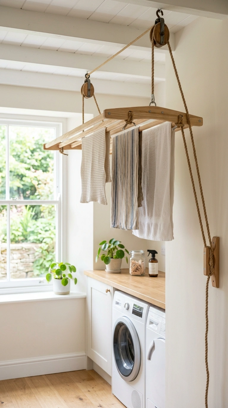 20 Laundry Room Ideas for Smarter Storage and Easier Laundry Days 20 019 Ceiling Rack Storage A wood slatted drying rack lo