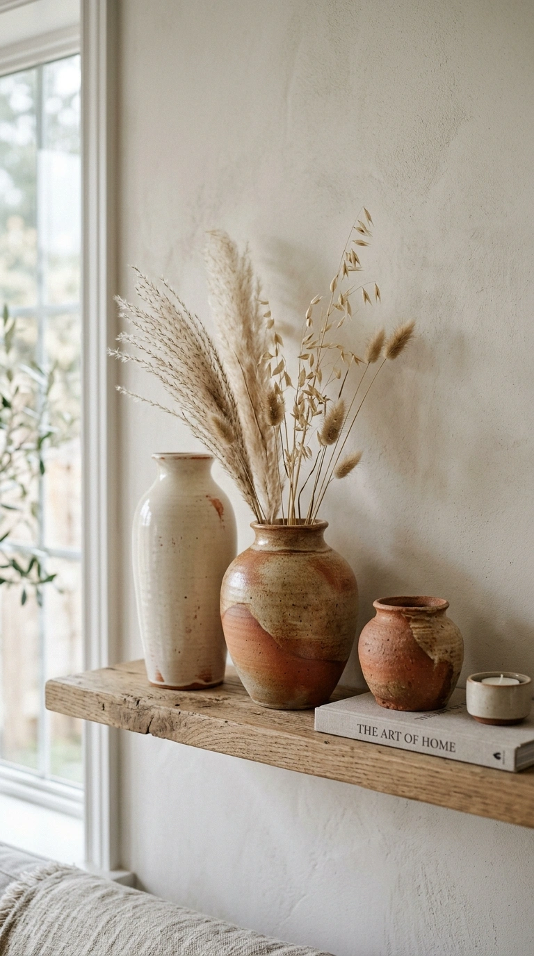 25 Office Decor Ideas for Women That Feel Stylish and Personal 20 019 Ceramic Vase Collection A styled shelf with three