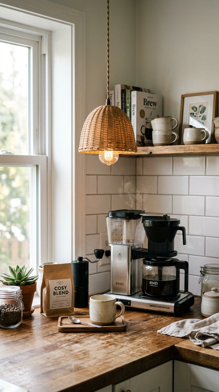 019 Coffee Station With Pendant Light A small rattan p