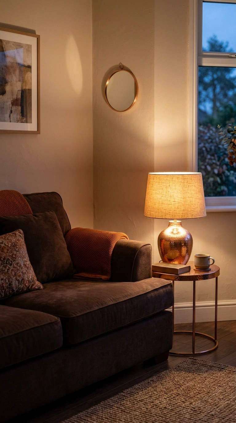 019 Copper Accent Lighting A living room corner with a