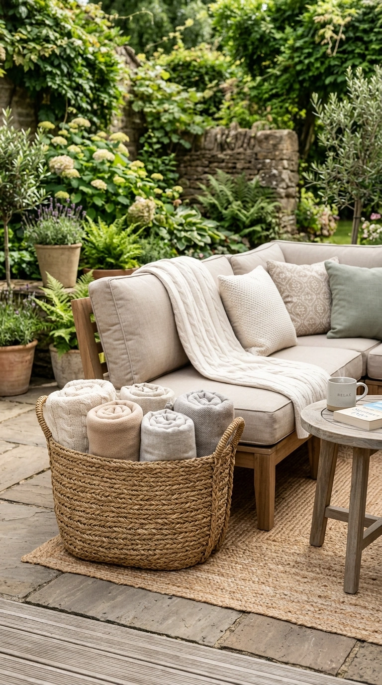 19 Patio Trends to Watch If You Love Outdoor Living 20 019 Cozy Blanket Basket A patio seating area with a wo
