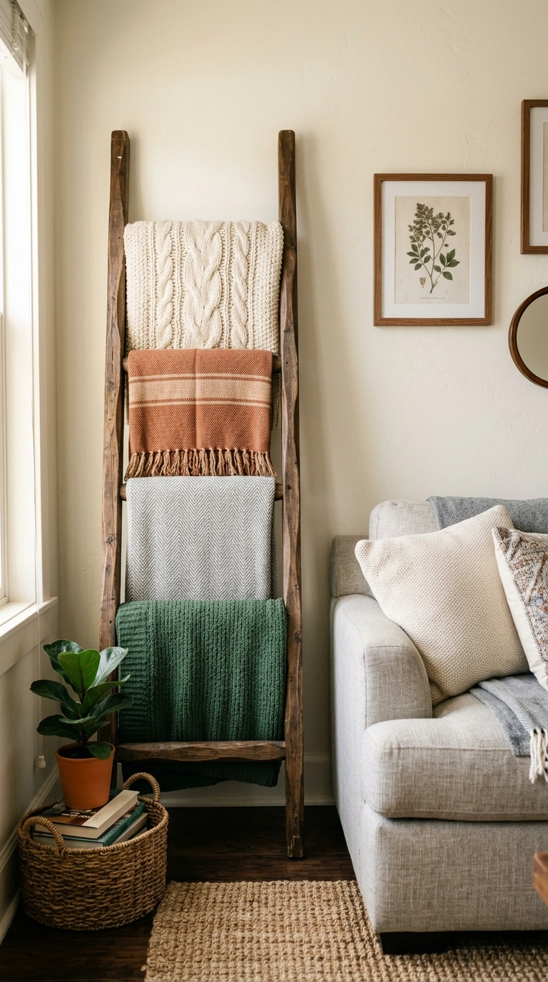 19 Stylish Living Room Ideas for a Home That Feels Put Together 20 019 Cozy Blanket Ladder A living room corner with a wo