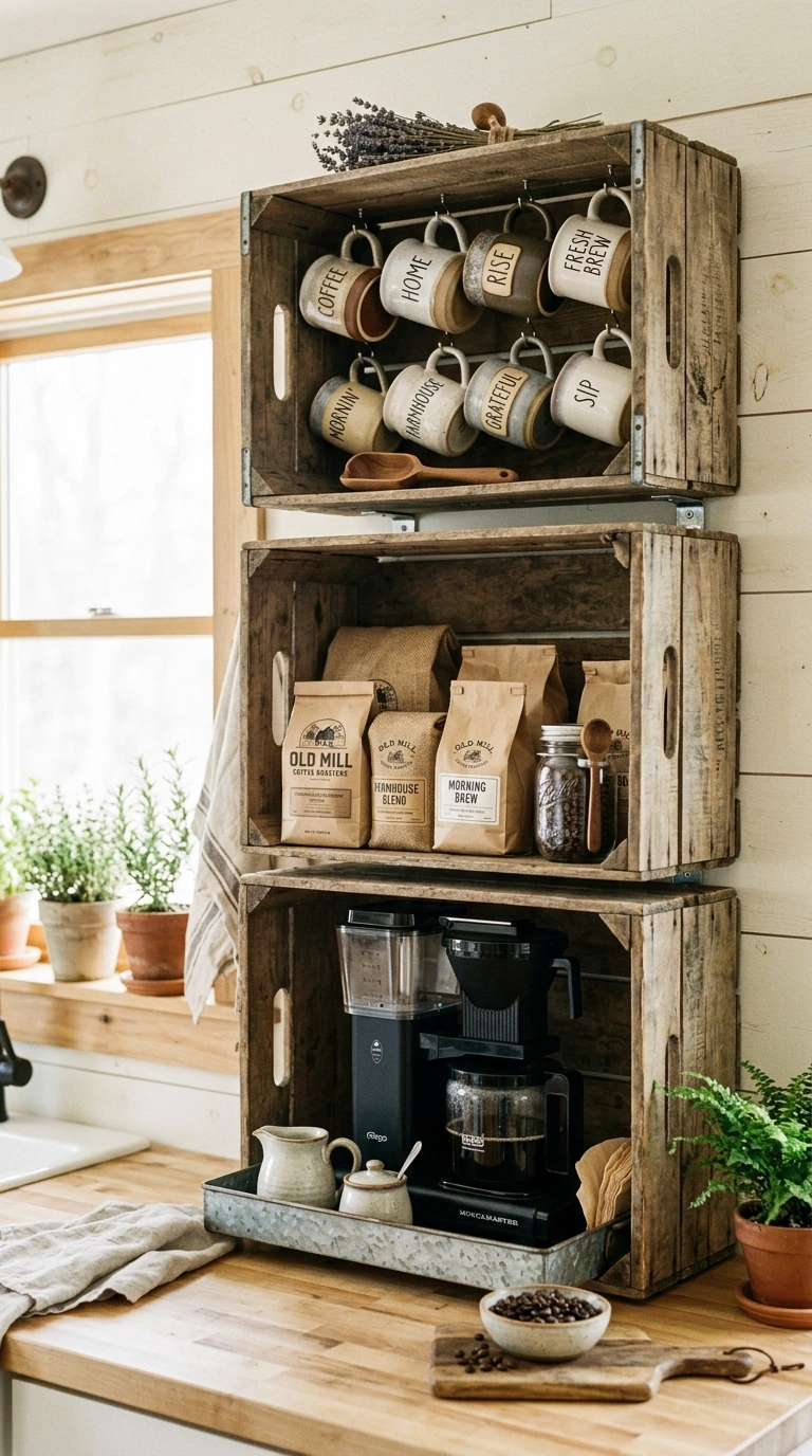 Turn a Small Corner Into a Coffee Bar With These 19 DIY Ideas 20 019 Farmhouse Crate Bar Wooden crates mounted on a kit