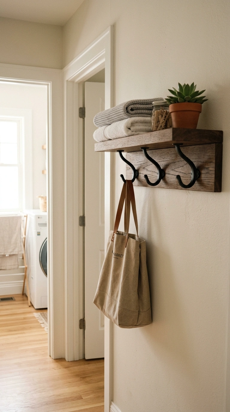 019 Floating Shelf With Hooks A single floating shelf