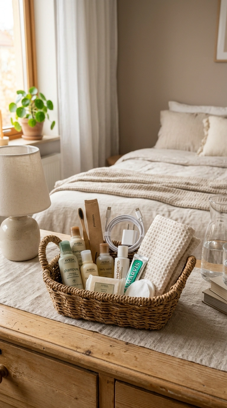 19 Ways to Give Your Guest Bedroom a Boutique-Hotel Touch 20 019 Guest Amenity Basket A small woven basket on a dre
