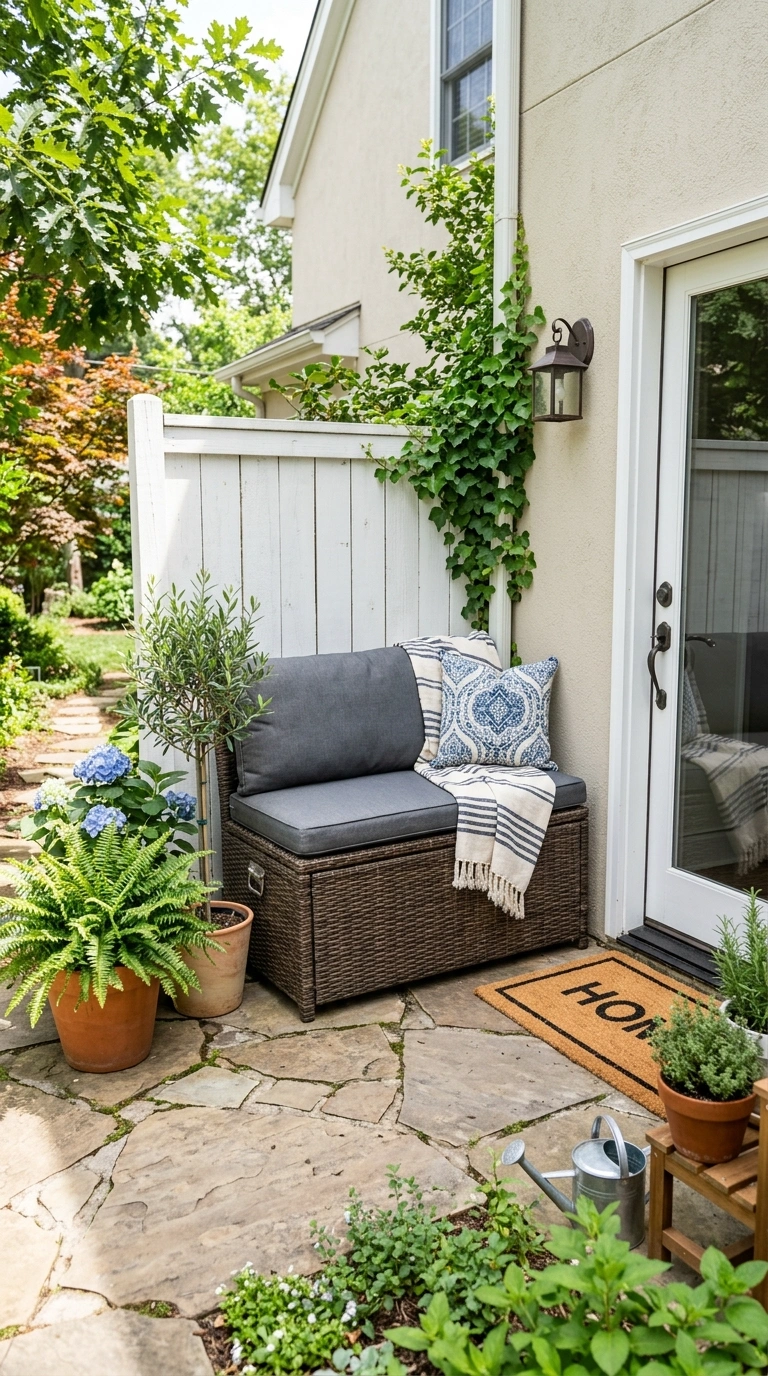 26 Outdoor Decorating Ideas for a Calm and Comfortable Backyard 20 019 Outdoor Storage Bench A patio corner with a wicker