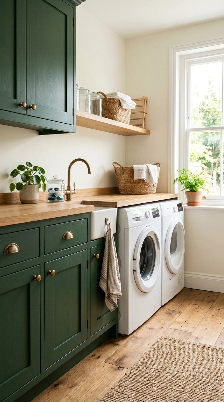 27 Laundry Room Ideas From Tiny Spaces to Spacious Setups 20 019 Painted Cabinet Fronts A laundry room with deep gr