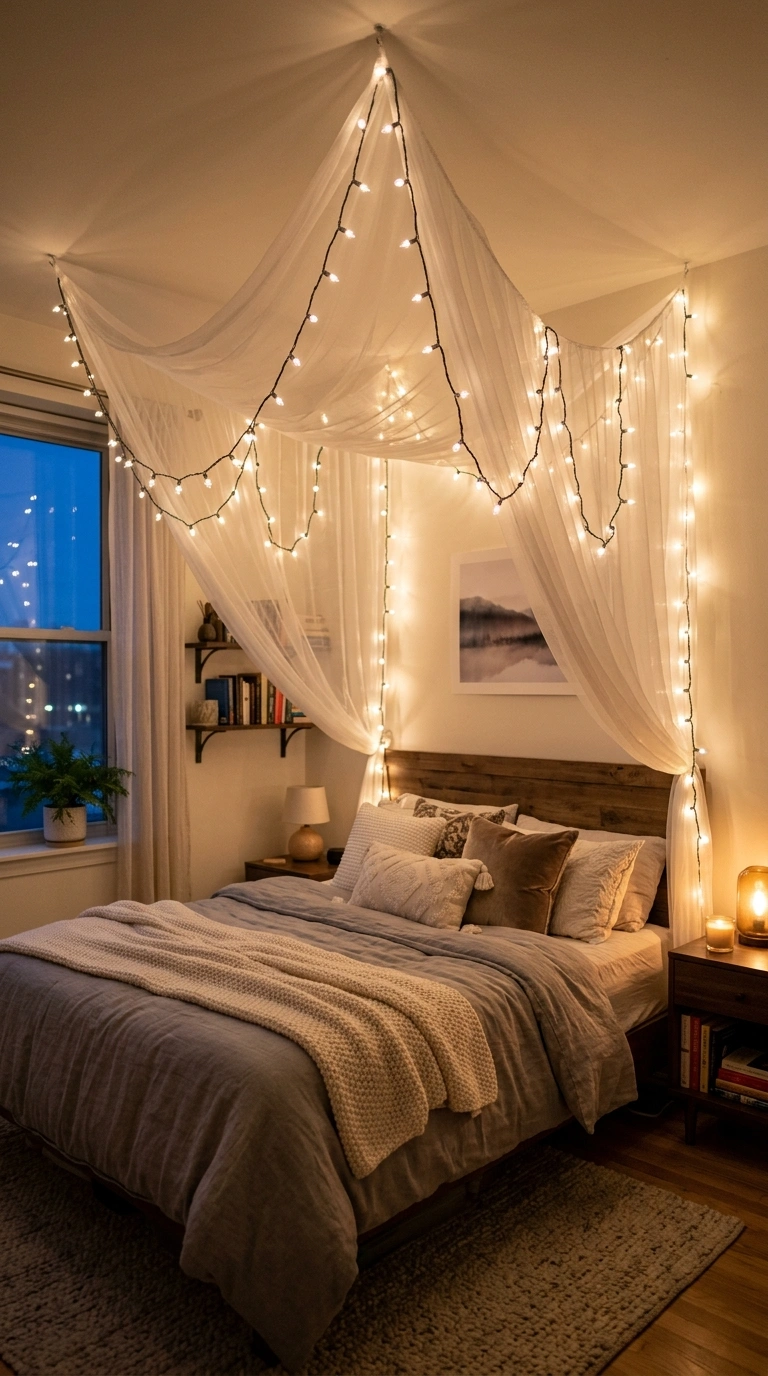 21 Bedroom Ideas for Women in Their 20s With Stylish Personality 20 019 String Light Canopy A bedroom with warm white stri
