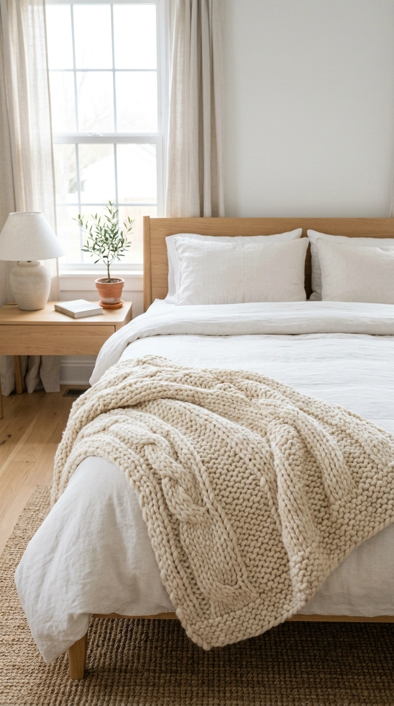 019 Textured Throw Blanket A neatly made bed with a ch