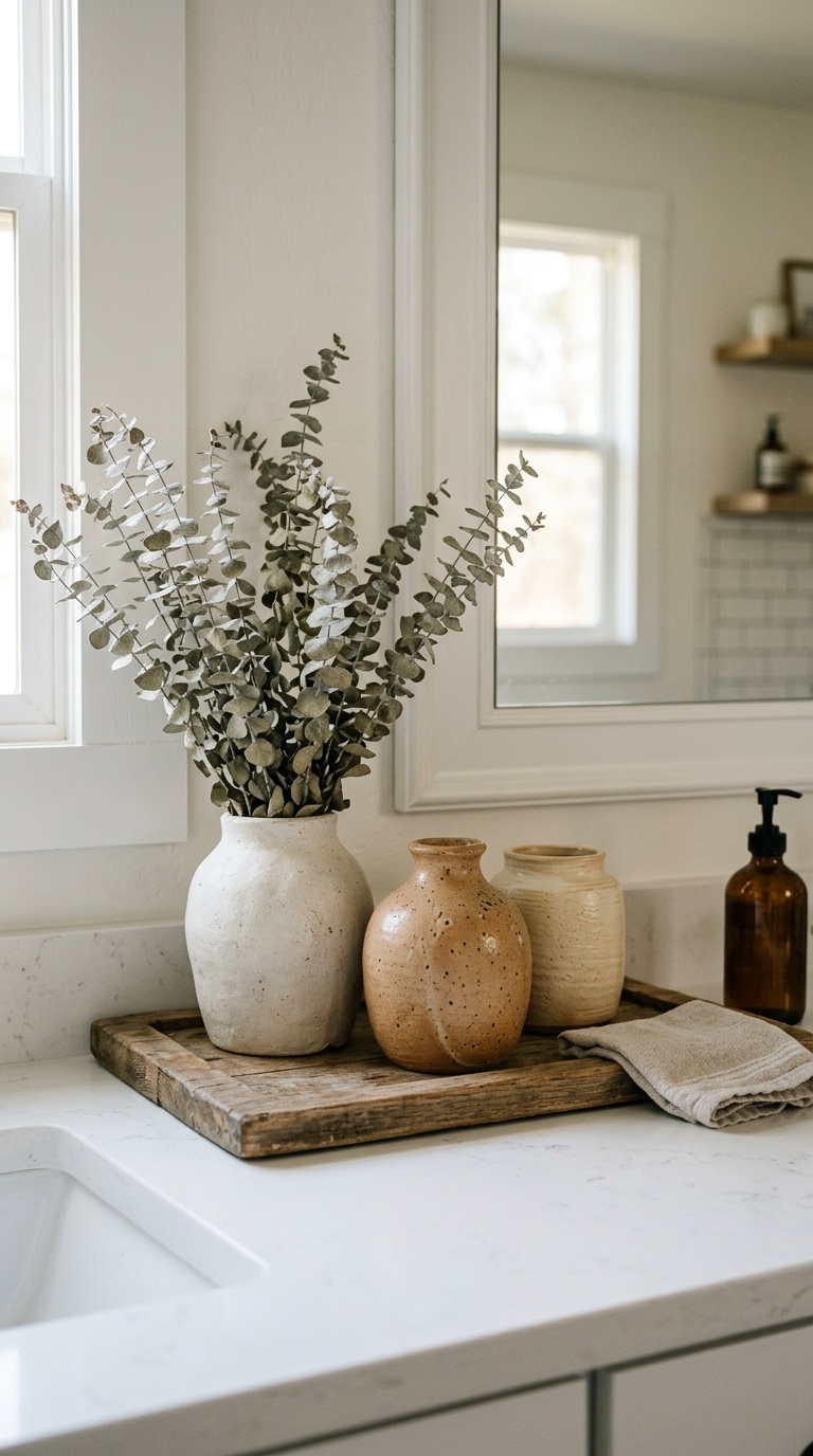 25 Bathroom Decor Ideas to Transform Your Space on a Budget 20 019 Thrifted Ceramic Vases Three mismatched matte cera