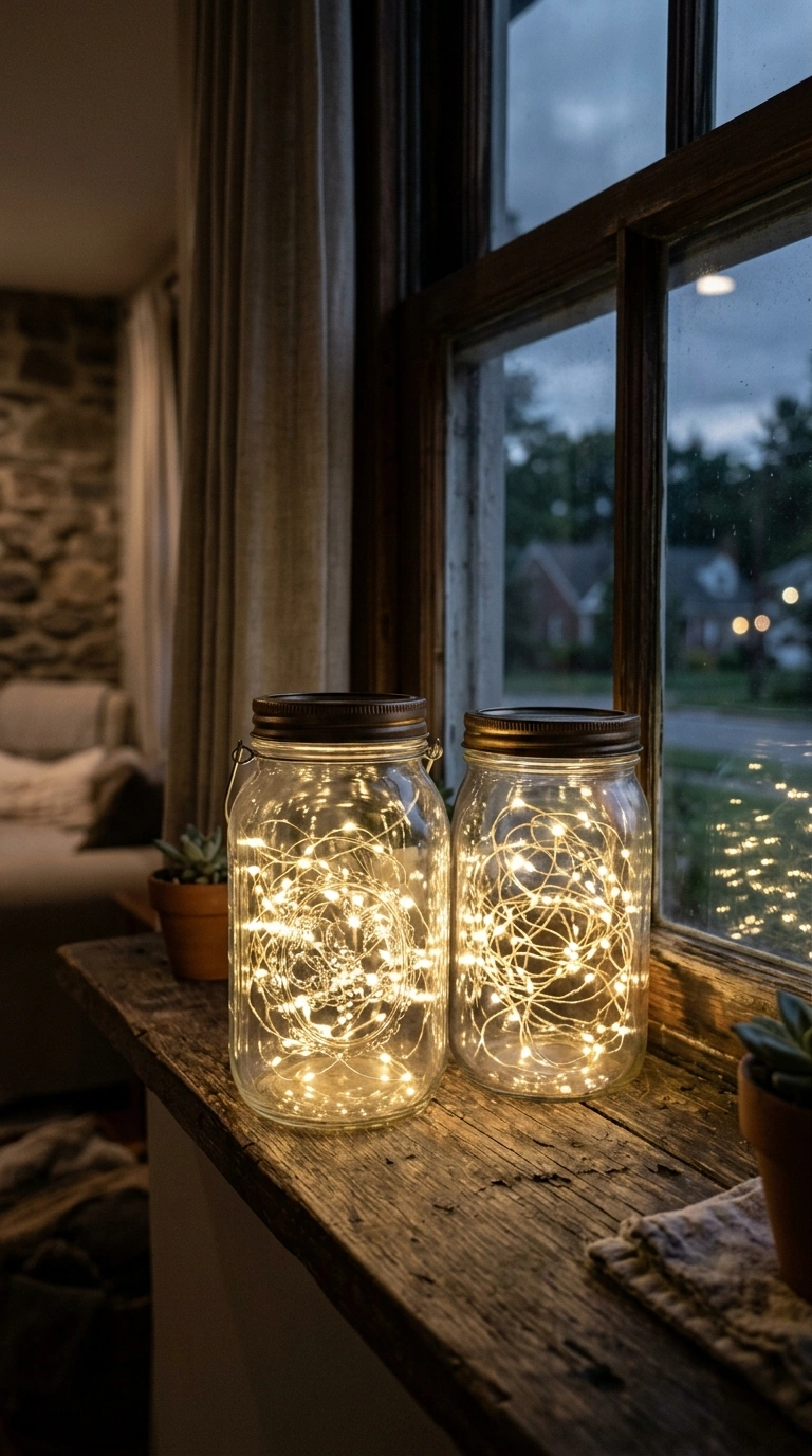 25 Seasonal Decor Ideas to Keep Your Home Feeling Fresh All Year 20 019 Twinkling Fairy Light Jars A windowsill with two g