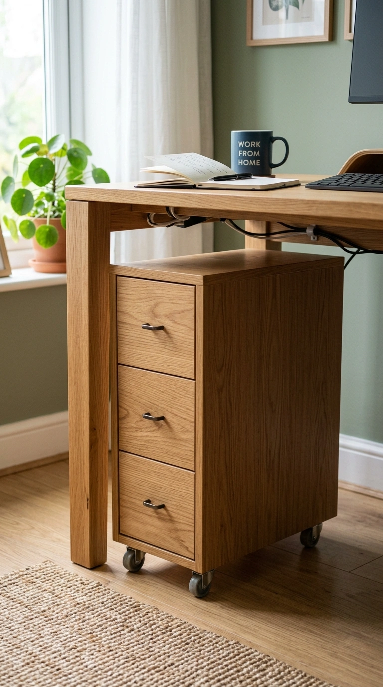 019 Under Desk Storage A slim rolling drawer unit tuck
