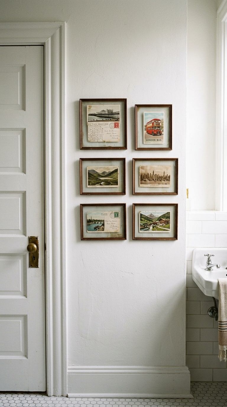 23 Small Bathroom Wall Decor Ideas That Make a Big Impact 20 019 Vintage Postcard Frames A loose grid of six small
