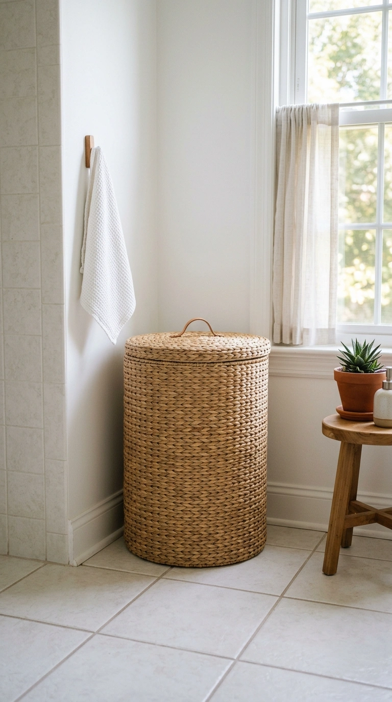 21 Affordable Bathroom Decor Ideas With Plenty of Style 20 019 Woven Hamper Basket A bathroom corner with a tall