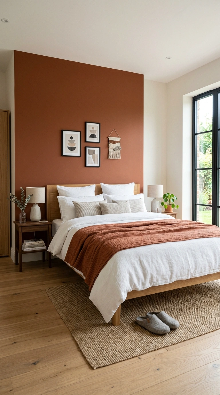 21 Bedroom Ideas for Women in Their 20s With Stylish Personality 21 020 Accent Wall Color A bedroom with a deep terracotta
