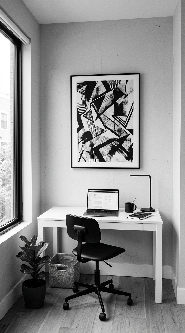 020 Black and White Artwork A home office with one lar