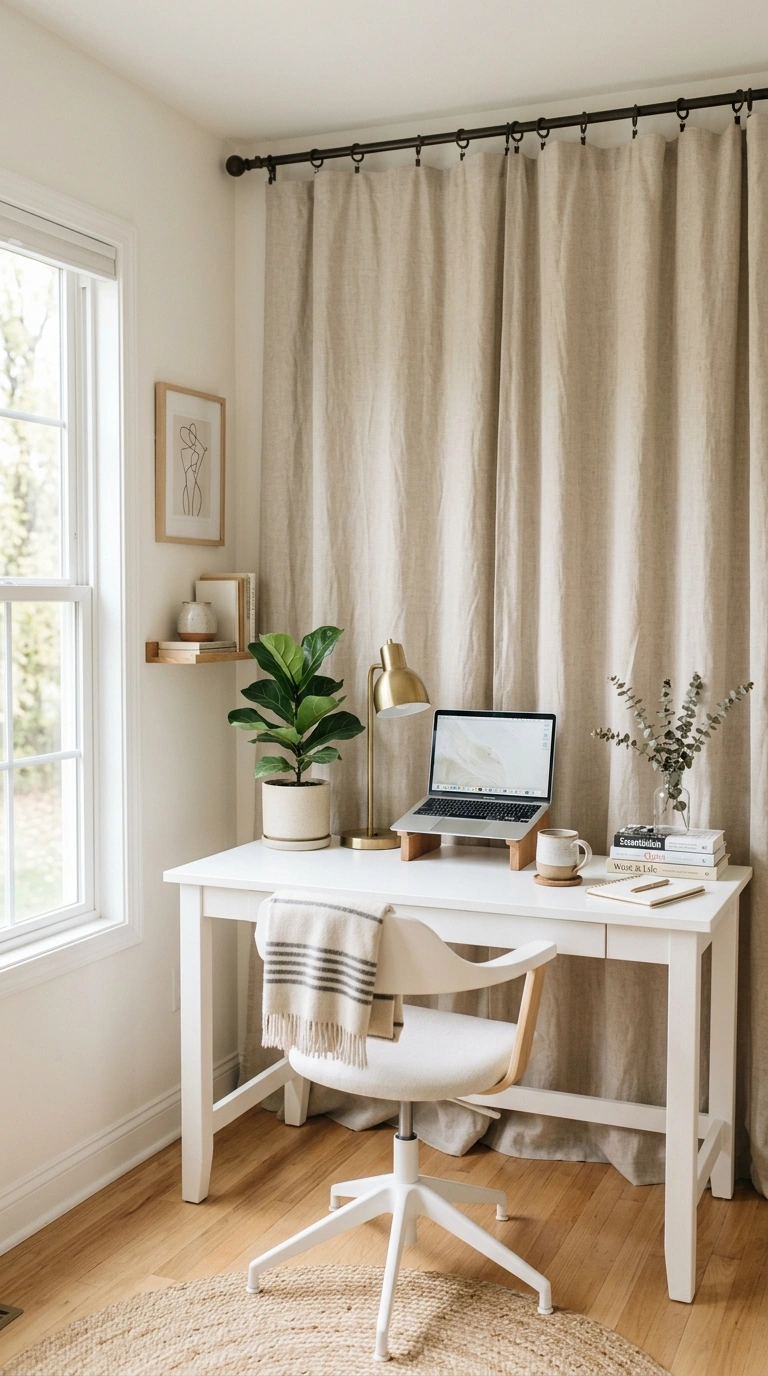 25 Office Decor Ideas for Women That Feel Stylish and Personal 21 020 Curtain Backdrop Wall A home office desk positione