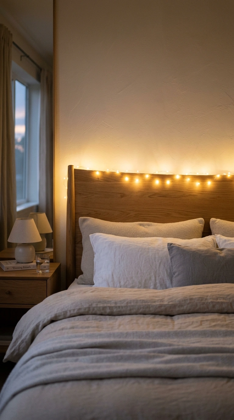020 Dimmable String Lights A bedroom headboard with so