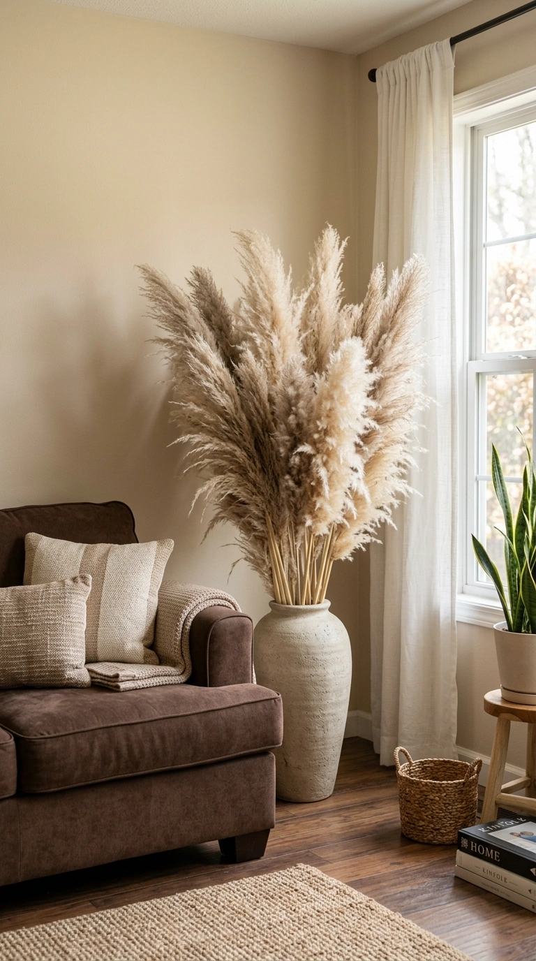 020 Dried Pampas Grass A living room corner with a cho