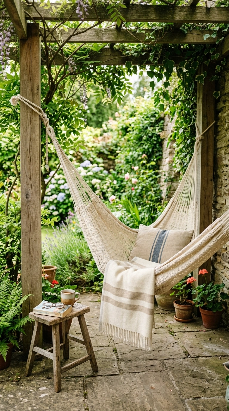 020 Hammock Corner A shaded patio corner with a woven