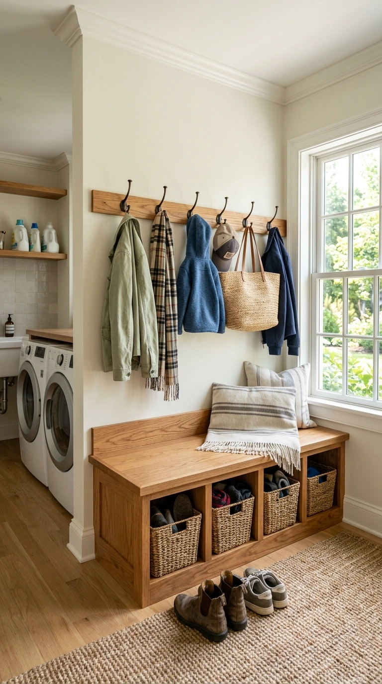 27 Laundry Room Ideas From Tiny Spaces to Spacious Setups 21 020 Mudroom Bench Combo A built in wood bench with sto