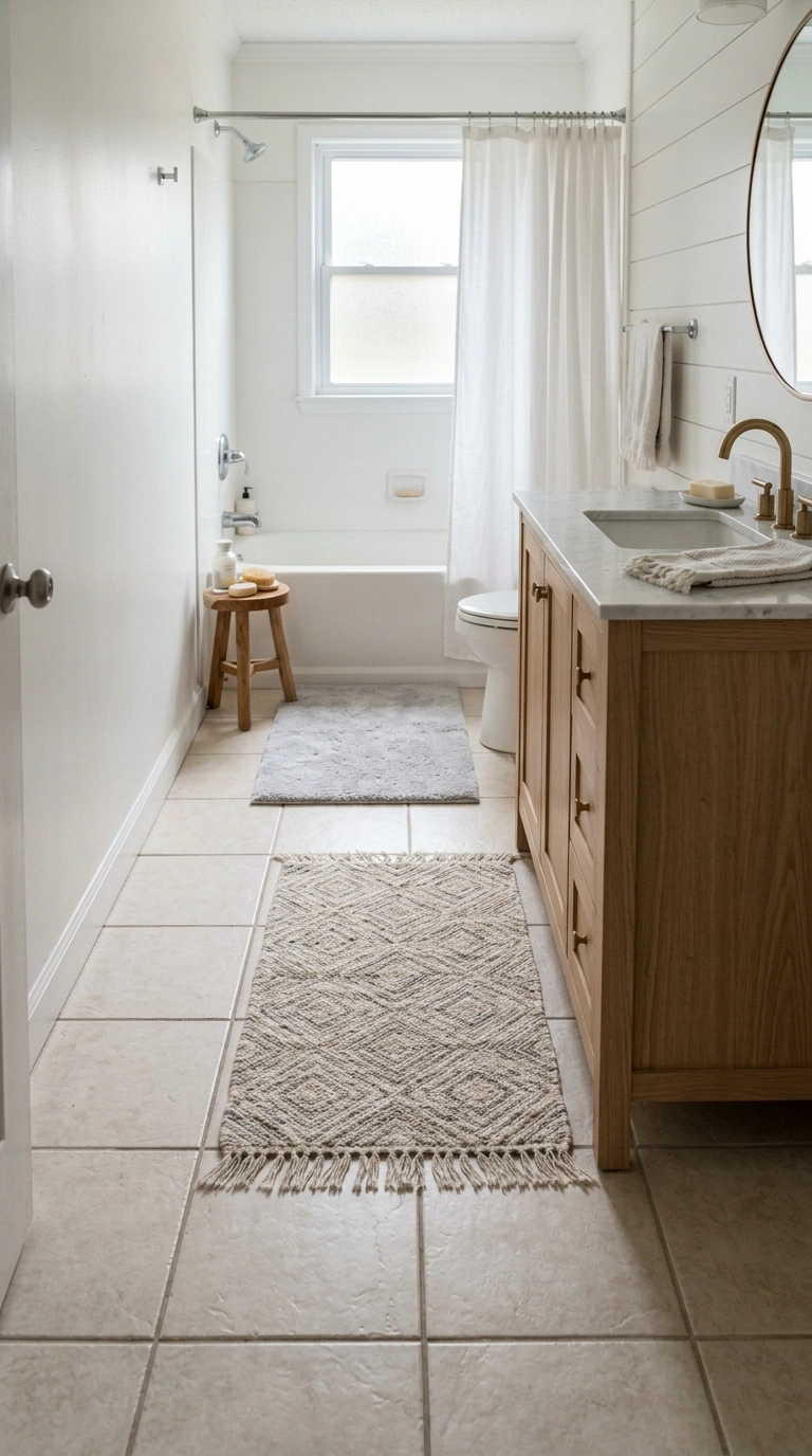 21 Affordable Bathroom Decor Ideas With Plenty of Style 21 020 Small Accent Rug A narrow bathroom floor with a sm