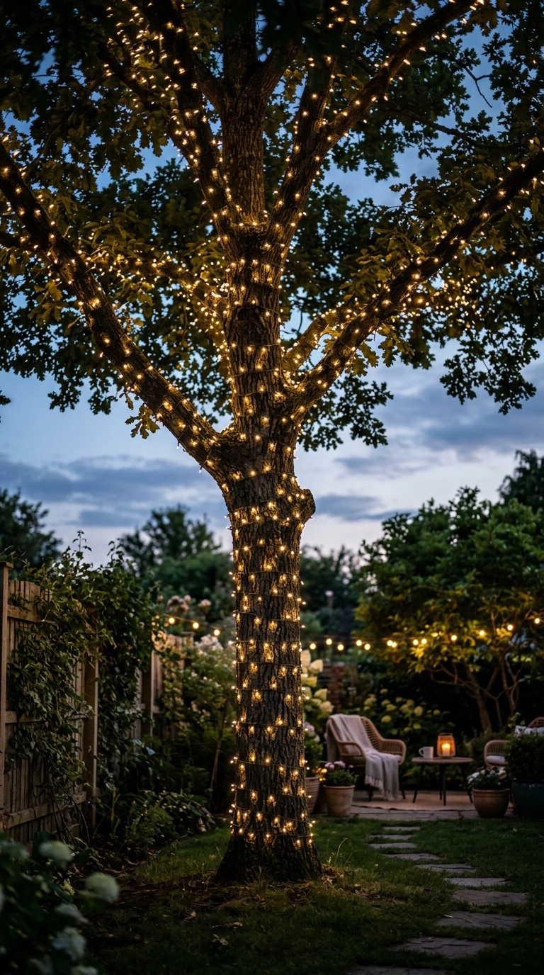 26 Outdoor Decorating Ideas for a Calm and Comfortable Backyard 21 020 Twinkling Fairy Lights A backyard tree wrapped in