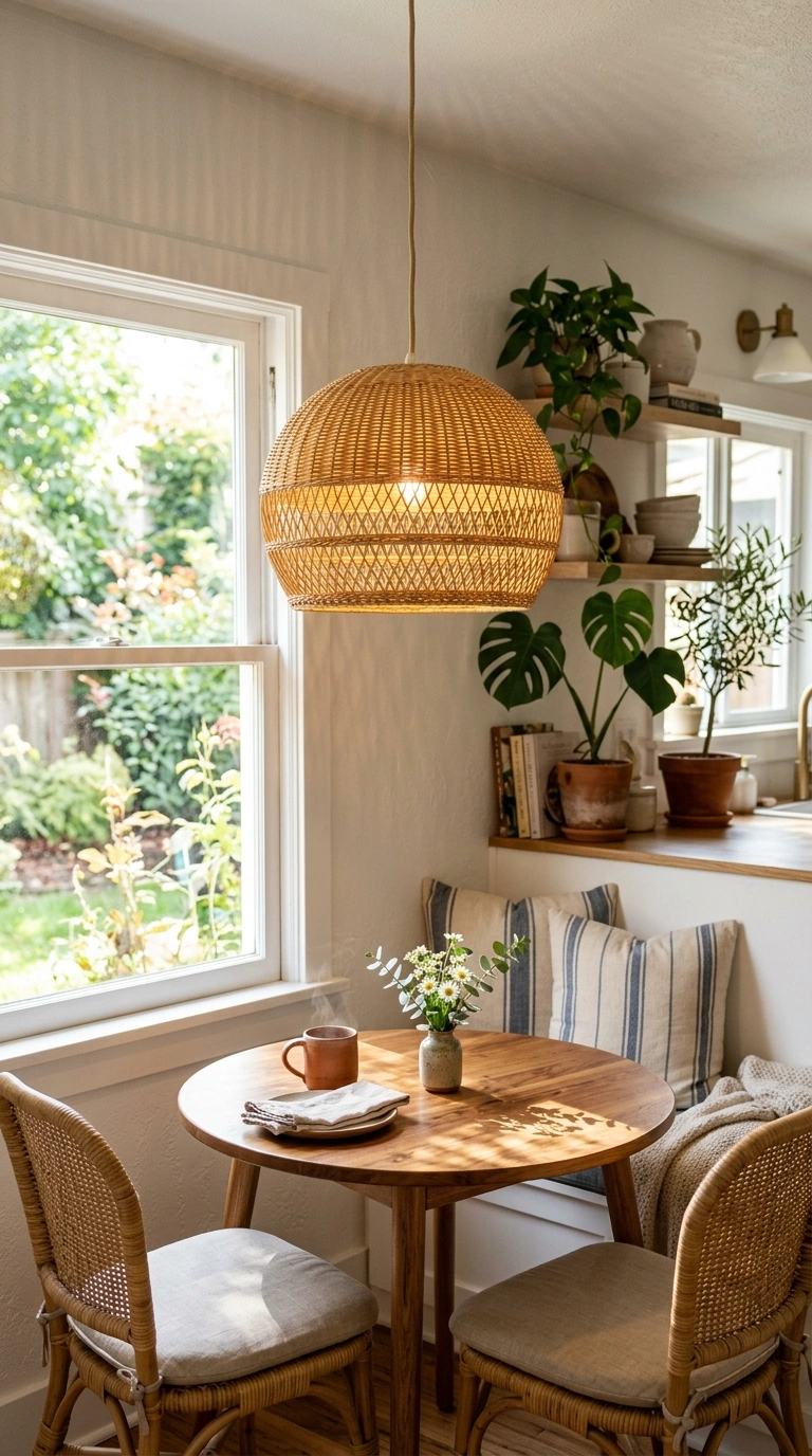 020 Wicker Pendant Shades A kitchen breakfast nook wit
