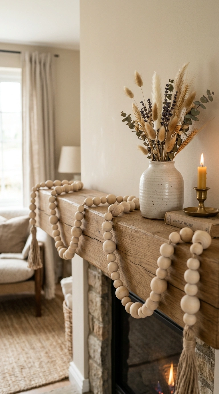 25 Seasonal Decor Ideas to Keep Your Home Feeling Fresh All Year 21 020 Wooden Bead Garland A mantel draped with a long na