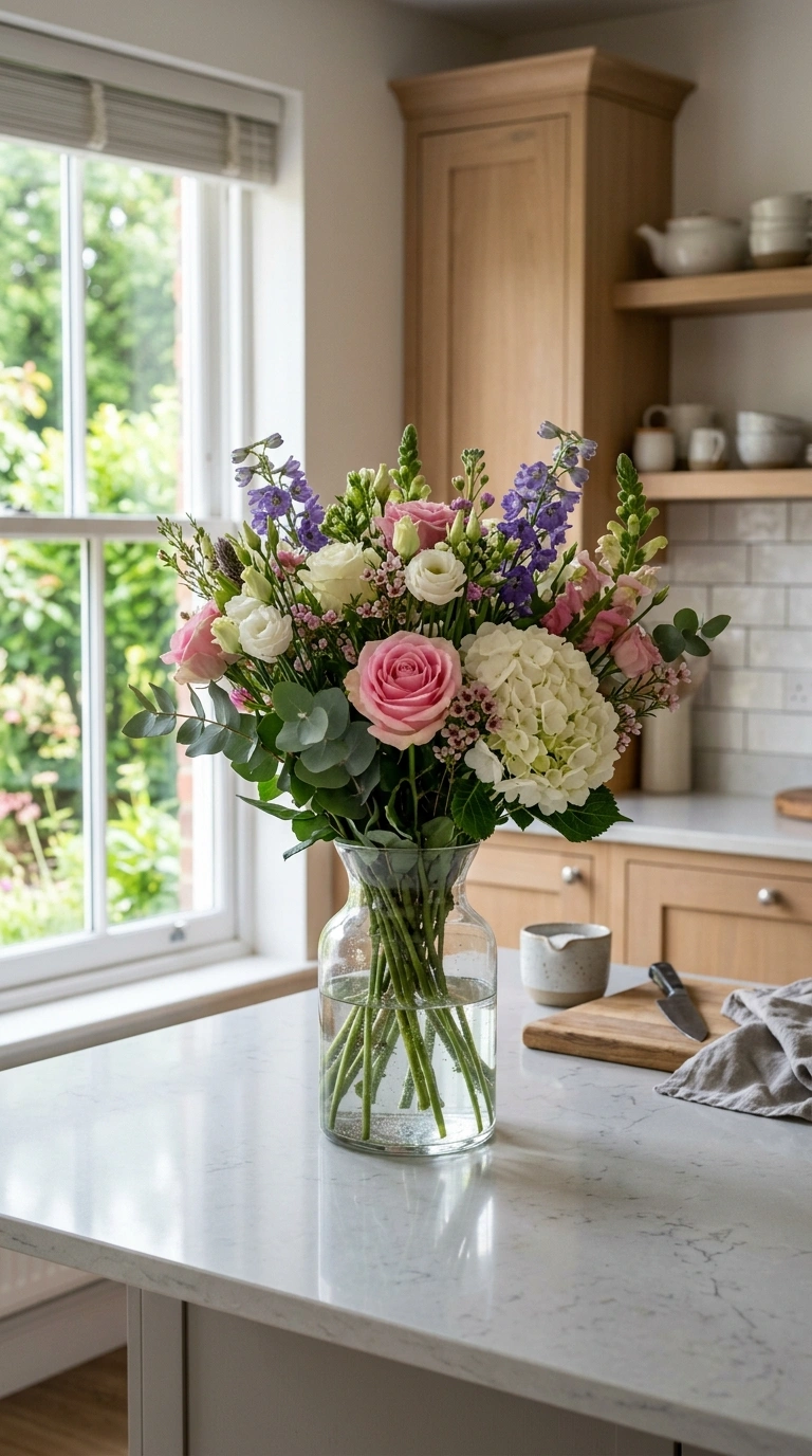 24 Simple Kitchen Makeover Ideas for DIY and Budget-Friendly Updates 22 021 Add Fresh Flowers A glass vase of fresh flowers on