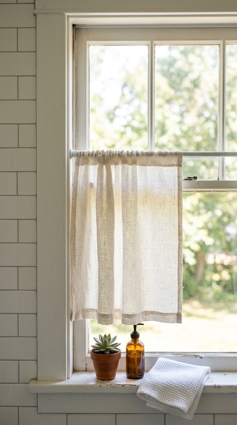 021 Cafe Curtain Panels A bathroom window with a short