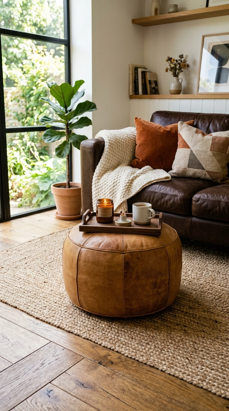 021 Camel Leather Pouf A living room with a chocolate