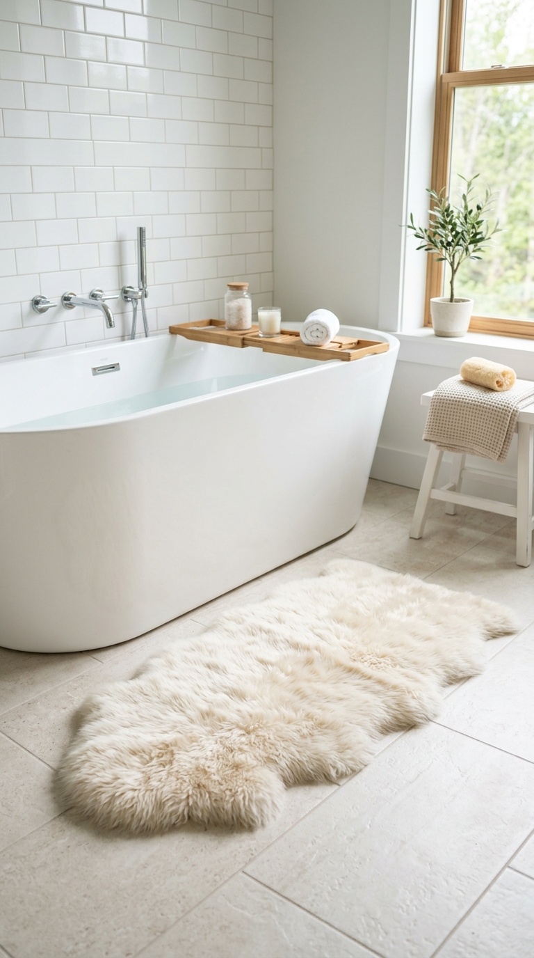 25 Bathroom Decor Ideas to Transform Your Space on a Budget 22 021 Faux Fur Rug A cream faux fur rug placed in front