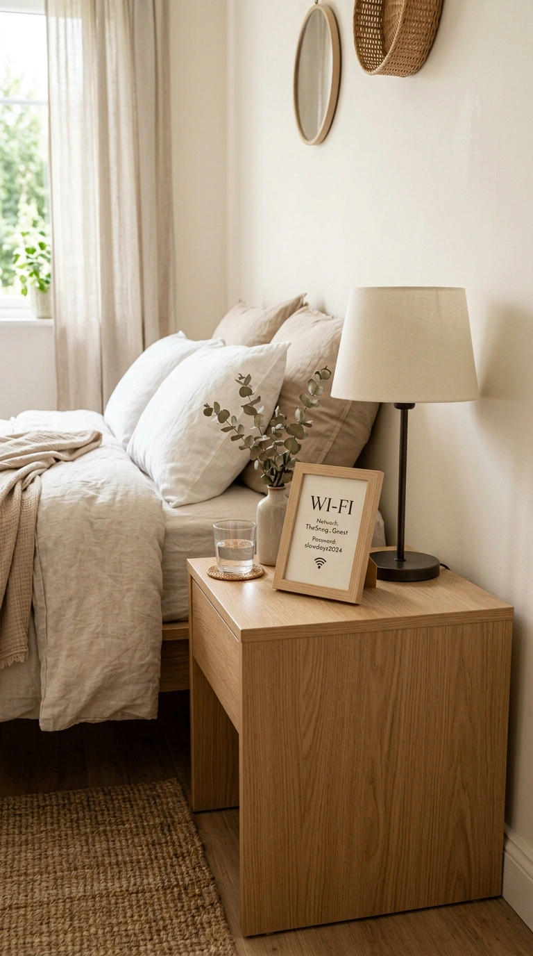 021 Framed Wifi Sign A bedroom nightstand with a small