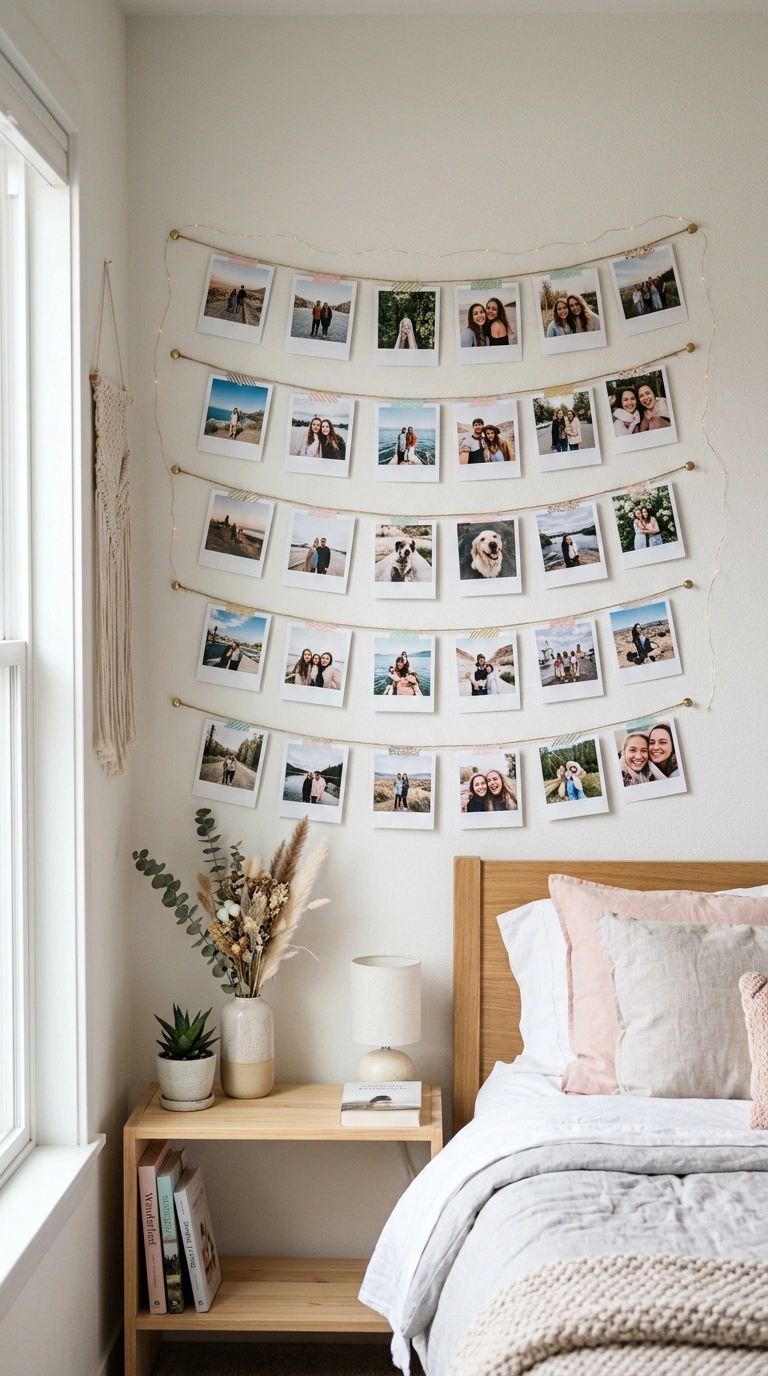 21 Bedroom Ideas for Women in Their 20s With Stylish Personality 22 021 Personal Photo Wall A bedroom wall beside a bed wi